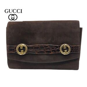 Gucci Dark Brown Suede Clutch with Gold Emblems